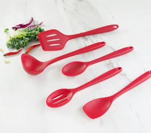 5-Piece Red Silicone Kitchen Utensils Set Non-Stick Cookware Spatula Ladle Detail View