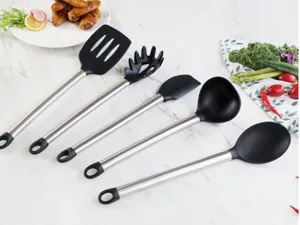 Silicone kitchen utensils set featuring heat-resistant black heads and durable stainless steel handles.