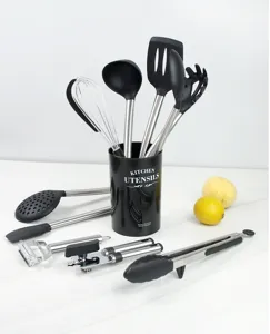 8-piece silicone kitchen utensil set with stainless steel handles and holder for cooking.