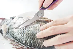 Ciseaux de cuisine multifonctionnels en acier inoxydable avec poignée ergonomique pour poisson.