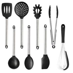 8-piece heat-resistant silicone kitchen utensil set with stainless steel handles for cooking.