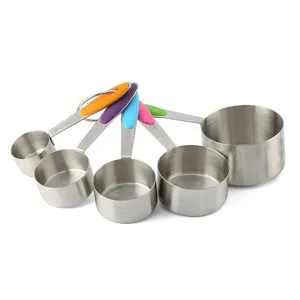 Stainless steel measuring cups set of 5 with colorful silicone handles and baking tools.
