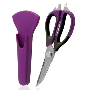 Ciseaux de cuisine multifonctionnels détachables avec étui violet pour os de poulet.