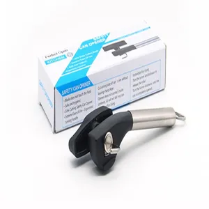 Práctico abrelatas de seguridad de acero inoxidable con diseño de corte liso.