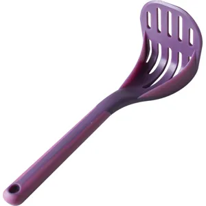 Presse-purée en résine violette pour cuisine avec plaque fendue et poignée ergonomique.