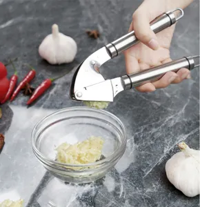 Stainless steel garlic press kitchen tool with ergonomic handles for efficient daily mincing.