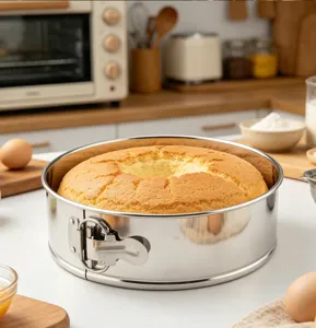Stainless steel round cake baking pan with springform and removable loose bottom for kitchen.