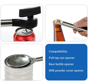 Abrelatas de seguridad multifunción de acero inoxidable y abridor de botellas detalle.