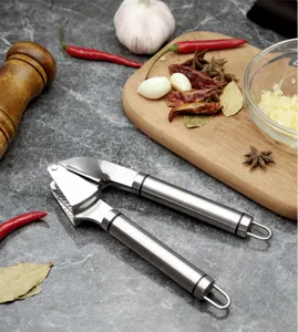 Stainless steel garlic press mincer kitchen tool for easy garlic crushing and peeling.