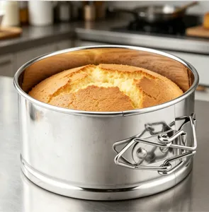 Stainless steel springform cake pan detail showing durable metal lock and smooth baking surface.