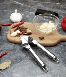 Detailed closeup view of stainless steel garlic press tool on kitchen board with ingredients.