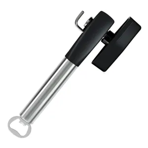 Abrelatas manual de acero inoxidable con función de abridor de botellas para cocina.
