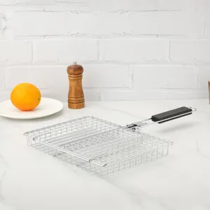 Stainless Steel Foldable BBQ Grill Basket Portable Outdoor Barbecue Net with Wooden Handle for Grilling Fish Meat Vegetables Camping Kitchen Cooking
