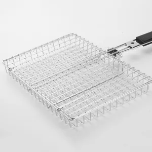 Stainless steel BBQ grill basket with folding handle for outdoor cooking fish, meat, corn, vegetables.