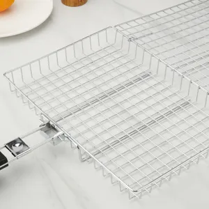 Stainless Steel BBQ Grill Basket Foldable Handle Outdoor Portable Barbecue Mesh Rack