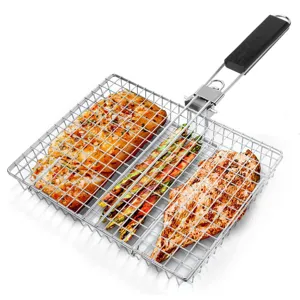 Stainless steel grill basket with wooden handle for outdoor BBQ, fish, chicken, and vegetables.