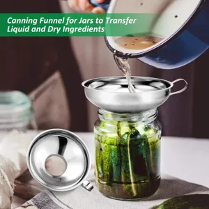 Stainless steel canning funnel wide mouth kitchen funnel for filling jars with liquid and dry food.