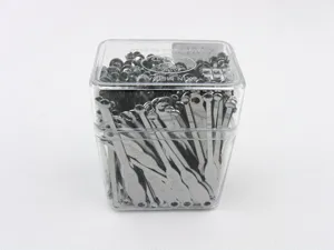 Stainless steel ear pick detail view, portable metal ear curette inside transparent storage box.