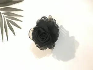 Black chiffon rose hair claw clip medium size elegant half up hair styling accessory for women