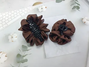Brown satin hair claw clips, French minimalist solid color chic hair accessories for women.