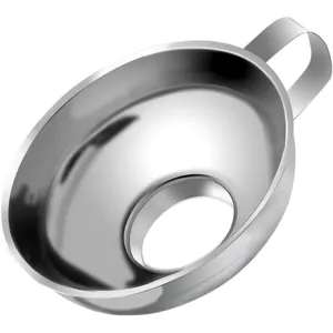 Stainless steel wide mouth kitchen funnel with handle for oil, sauce and jam filling. Durable tool.