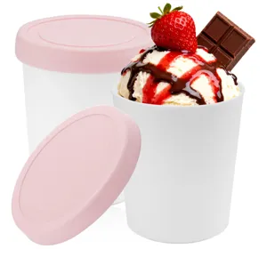 Reusable ice cream storage pint containers with pink silicone lids for frozen desserts.
