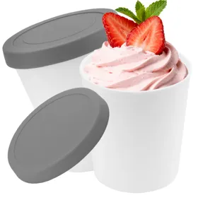 Reusable ice cream tubs with silicone lids, perfect for storing and freezing homemade desserts.
