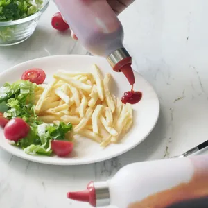 Plastic squeeze condiment bottle for kitchen, sauce, ketchup, and salad dressing use.