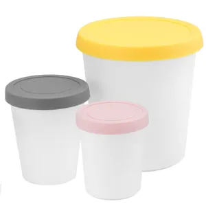 Set of multi-size plastic ice cream storage cups with colorful silicone lids for kitchen.