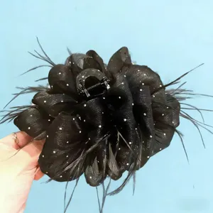 Extra large black feather mesh hair claw clip elegant floral design for women hair accessories