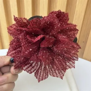 Dark red rose fabric hair claw clip for women, elegant mesh flower shark clip accessory.