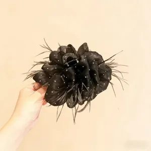 Large black mesh flower hair claw clip with feathers for women daily fashion hair accessory.