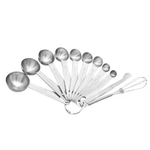 Stainless steel measuring spoon set with mini whisk, baking kitchen measuring tools.