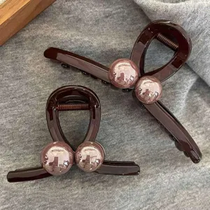Harz Haarkralle Schokolade Braun Künstliche Perle Haarklammer Elegant Rutschfeste Kieferklammer Für Damen Tägliches Styling