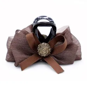 Brown bubble chiffon hair claw clip with bow and rhinestone ball for women elegant hair styling