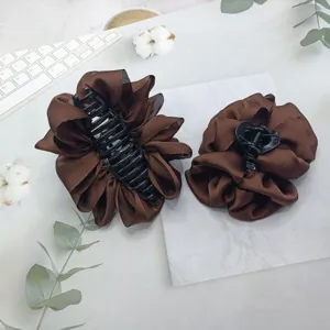Brown satin hair claw clips set, French minimalist style scrunchie hair catcher for women.