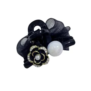 Zwarte mini haarclip met mesh strik strass kamelia en parel zoete haarspeld voor vrouwen