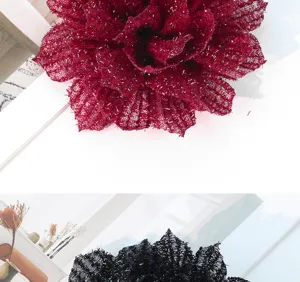 Glitter mesh fabric flower detail, sparkling hair accessory DIY decor, vibrant color close up