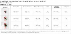 Detailed size chart and specifications of Christmas candy cane plush pillow decorations.