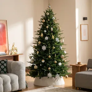 Nordic style Christmas tree skirt scene with white knitted texture for holiday party decor detail.