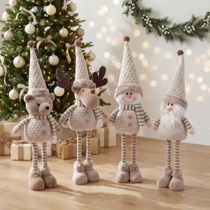 Khaki Christmas plush toy set, cute bear reindeer snowman gnome retractable leg decor detail.