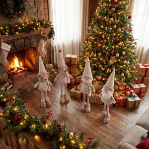 Khaki Christmas knitted hat telescopic leg plush doll set, cute bear reindeer snowman santa for holiday decor.