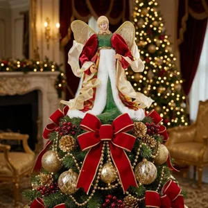 Christmas tree topper angel with red and green velvet gown and gold wings for holiday decor.