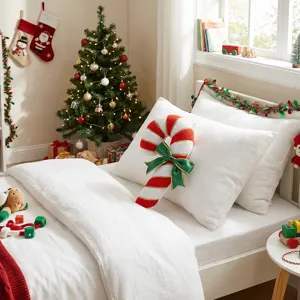 Christmas plush candy cane pillow, red and white striped festive decorative throw pillow.