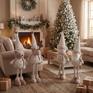 Khaki Christmas knitted plush doll retractable leg holiday home decor detail view.