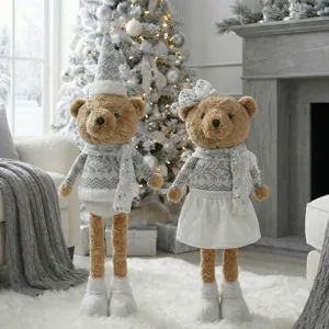 Christmas telescopic teddy bear plush doll set with sequin knit sweater and holiday decoration.