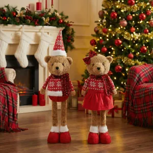 Festive Christmas Telescopic Teddy Bear Plush Doll Sequin Sweater Long Legs Bear Home Table Desktop Ornaments Atmosphere Decoration Gift