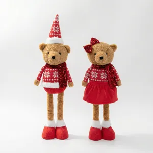 Christmas telescopic teddy bear plush doll pair with sequin sweater festive decor ornament.