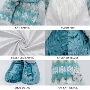 Christmas doll detail shot showing knit fabric, plush fur, crushed velvet, and shoe design.