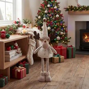 Khaki Christmas knitted reindeer doll with telescopic legs and hat for holiday decoration
